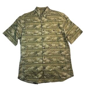 Woolrich Mens Trout Fly Fishing Print Button Down Shirt Short Sleeve Green Brown